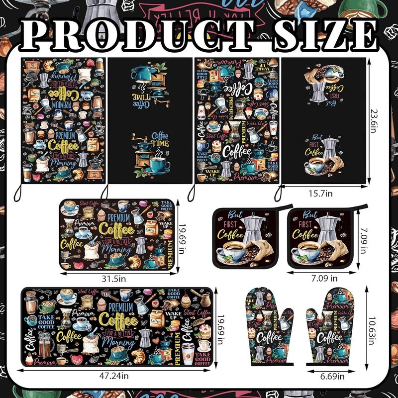 Fourluoo 10 Pcs Coffee Kitchen Decor Set Coffee Kitchen Dish Towels Oven Mitts and Pot Holders Farmhouse Rugs Mats Vintage Black Potholders for Chef Baking Cooking Grilling BBQ Women Accessories Gift - Image 3